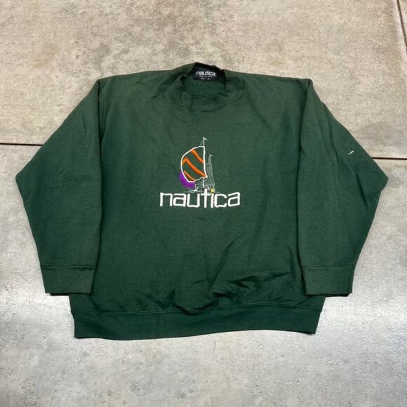 Nautica Sweaters - vintage nautica made in usa green big logo sail boat crewneck size large